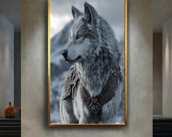 Fantasy Wolf Warrior Canvas Wall Art with Armor Details and Snowy Mountains, Mythical Animal Print for Epic Rustic Wall Decor
