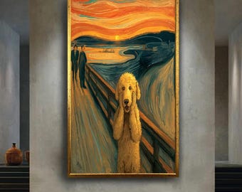 The Scream Dog Canvas Wall Art – Funny Poodle Painting Parody of Famous Artwork – Whimsical Pet Portrait for Dog Lovers Home Decor