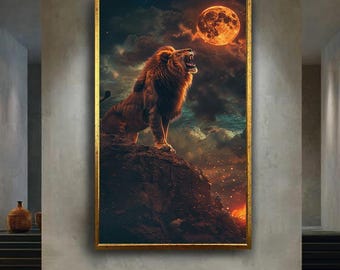 Roaring Lion Under Blood Moon Canvas Wall Art – Majestic Wildlife Scene on Cliff, Epic Animal Print for Bold Nature Inspired Home Decor