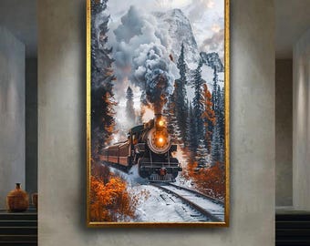 Vintage Steam Train Canvas Wall Art – Winter Mountain Railway Scenic Print, Nostalgic Locomotive Landscape Decor for Home or Office