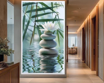 Zen Stones and Lotus Flower Canvas Wall Art, Peaceful Bamboo Spa Decor Print, Minimalist Meditation Room Poster, Tranquil Nature Art