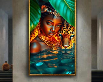 Exotic African Goddess with Leopard Spirit Animal | Jungle Queen in Water Art Print | Vibrant Tribal Woman Canvas for Bold Home Decor