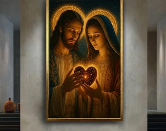 Holy Couple Holding Sacred Heart Digital Christian Art Divine Love Poster Spiritual Faith Wall Decor Religious Print For Prayer Room