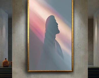 Minimalist Jesus Silhouette Canvas Print – Spiritual Christian Wall Art with Light Rays for Prayer Room, Modern Home or Faith Inspired Gift