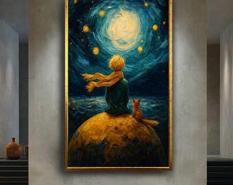 Little Prince Wall Art with Fox Under Starry Night Sky Whimsical Fantasy Print Dreamy Storybook Artwork Home Decor