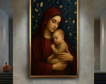 Mother and Child Canvas Wall Art, Sacred Madonna Style Portrait Print, Religious Christian Artwork for Prayer Room or Home Decor