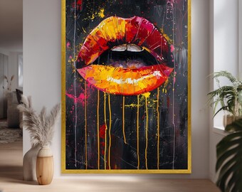 Red and Yellow Lips Wall Art Canvas – Dripping Paint Pop Art Poster on Black Background, Bold Modern Artwork for Bedroom Décor