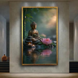 Buddha Canvas Wall Art with Lotus Flower, Candles and Zen Stones – Peaceful Spiritual Print for Meditation, Spa or Yoga Room Decor