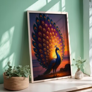 Póster de pavo real majestuoso al atardecer con plumas vibrantes, retrato de pájaro, elegante escena natural, impresión de pared para decoración de lujo o bohemia.