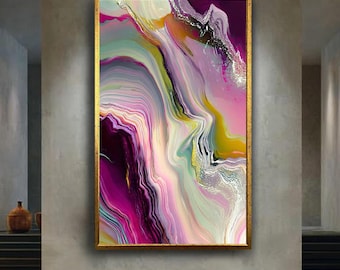 Pink Purple Abstract Wall Art Canvas, Colorful Fluid Marble Texture Print, Modern Vibrant Flowing Acrylic Painting Home Decor