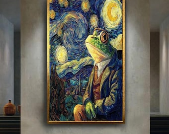 Gentleman Frog Canvas Wall Art – Van Gogh Starry Night Inspired Animal Portrait – Whimsical Frog in Suit Print for Eclectic Decor