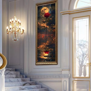 Red Rose Moonlight Wall Art Print Fantasy Flower Poster Dark Romantic Floral Canvas Art Surreal Night Decor