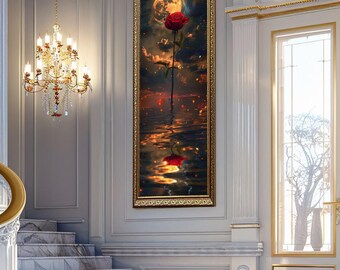Red Rose Moonlight Wall Art Print Fantasy Flower Poster Dark Romantic Floral Canvas Art Surreal Night Decor