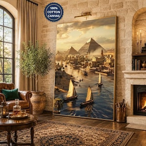 Canvas wanddecoratie met piramides uit het oude Egypte – Nijlboten en historische architectuur, een kunstwerk voor geschiedenisliefhebbers en reisliefhebbers.