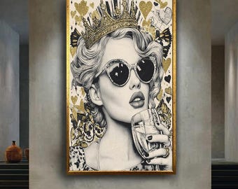 Glamorous Queen Pop Art Poster, Retro Diva Wall Art Print with Gold Crown and Sunglasses, Elegant Vintage Lady Decor