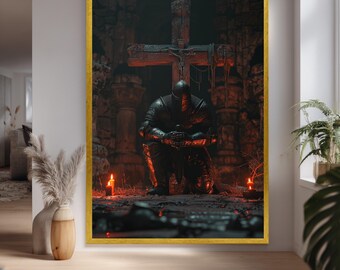 Dark Medieval Knight Canvas Print Kneeling Before Cross Gothic Fantasy Wall Art For Christian Decor And Historical Home Interiors