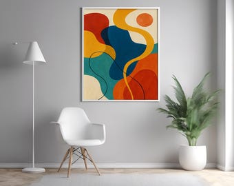 Colorful Abstract Shapes Canvas Wall Art – Mid Century Modern Geometric Print for Contemporary Living Room or Office Decor