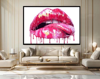Dripping Pink Lips Pop Art Canvas Wall Art Print Bold Glossy Lip Painting Modern Sexy Art for Bedroom or Beauty Salon Decor