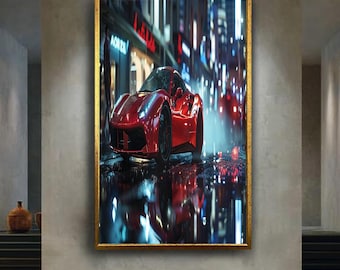 Red Sports Car Night City Canvas Wall Art, Modern Luxury Automobile Artwork for Home Decor, Gift for Car Lovers and Enthusiasts