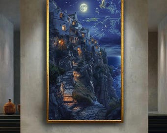 Mediterranean Cliffside Village Canvas Wall Art with Moonlit Sea and Stone Path, Romantic Coastal Night Scene for Seaside Home Decor