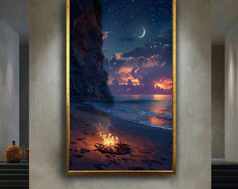 Starry Night Beach Canvas Wall Art, Moonlight Ocean Print with Bonfire, Romantic Coastal Landscape Home Decor