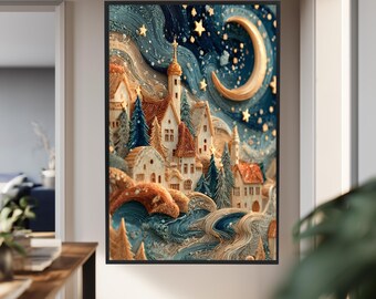 Whimsical Layered Wood Village Wall Art with Crescent Moon and Stars, Fantasy Night Scene for Fairytale or Cozy Home Decor