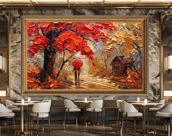 Autumn Walk Oil Print Style Wall Art, Red Umbrella Canvas Art, Fall Landscape Artwork for Cozy Home Decor