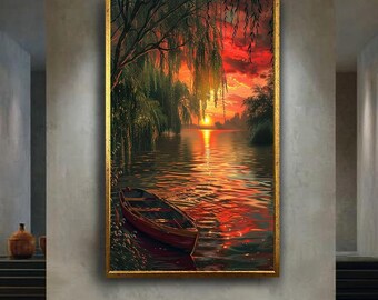 Sunset River Canvas Wall Art with Rowboat and Weeping Willows – Tranquil Nature Landscape Print for Romantic and Peaceful Home Decor