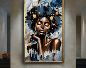 Afrocentric black woman canvas wall art print, gold textured modern portrait painting, powerful feminine artwork for salon or stylish decor