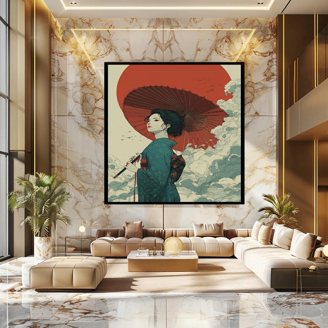 Japanese Woman With Umbrella Print – Red Sun Minimal Art – Geisha Wall ...