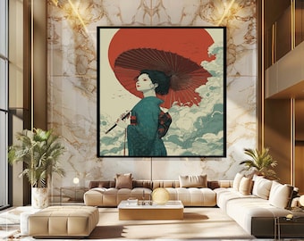 Japanese Woman with Umbrella Print – Red Sun Minimal Art – Geisha Wall Art – Oriental Canvas Art