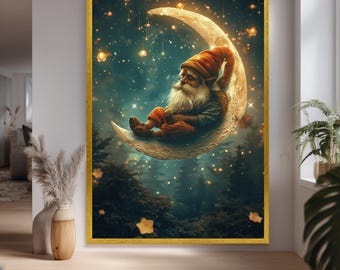 Sleeping Gnome on Moon Canvas Art Print, Whimsical Fantasy Night Poster, Cute Nursery Wall Decor, Magical Forest Fairy Tale Art