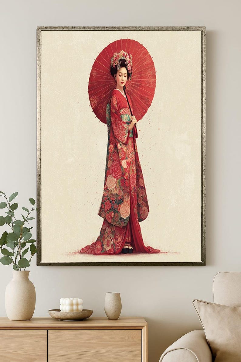 Red Japanese Geisha Wall Art Print – Elegant Kimono Woman With Umbrella ...