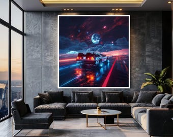 Retro Futuristic Car Wall Art Print, Synthwave Sci Fi Neon Landscape Poster, 80s Vaporwave Decor for Gamers and Cyberpunk Interiors