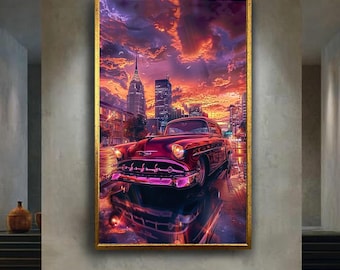 Vintage Red Chevy City Sunset Canvas Wall Art – Classic Car with Skyline and Rain Reflections Urban Retro Scene Home Decor