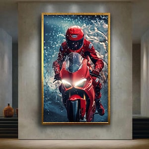 Red Sport Motorcycle Canvas Wall Art – High Speed Rider in Rain with Racing Gear and Water Splash Action Scene