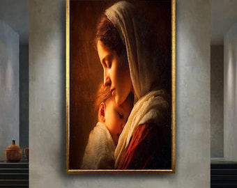 Mary and Baby Jesus Canvas Wall Art, Madonna and Child Religious Print, Sacred Christian Artwork for Home or Prayer Room