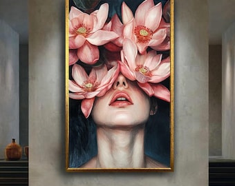 Floral Face Canvas Wall Art, Sensual Woman Portrait with Pink Flowers Illustration, Feminine Botanical Art Print for Modern Boho Decor