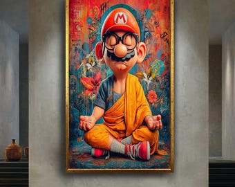 Zen Mario Canvas Wall Art – Funny Pop Culture Monk Mashup – Meditating Gamer Character in Graffiti Style for Mindful Geek Decor