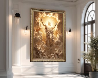 Jesus Ascension Wall Art Canvas – Sculptural Style Christian Poster with Glorious Light and Angels, Inspirational Religious Home Décor