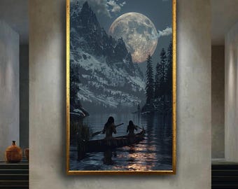 Moonlit Canoe Adventure Canvas Wall Art – Scenic Mountain Lake Under Full Moon, Peaceful Nature Landscape Print for Rustic Home Decor