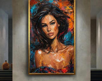 Modern Woman Portrait Canvas Wall Art, Colorful Oil Painting Style Artwork for Home Decor, Gift for Art and Design Lovers
