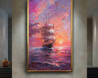 Sunset Sailing Ship Canvas Wall Art with Colorful Ocean Reflections and Seagulls – Romantic Nautical Seascape Print for Coastal Decor