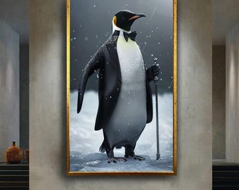 Gentleman Penguin Canvas Wall Art – Funny Dapper Animal Portrait in Tuxedo – Classy and Whimsical Penguin Print for Modern Home Decor