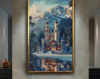 Fairy Tale Castle Winter Wall Art Snowy Landscape Canvas Print Christmas Alpine Palace Poster for Holiday Home Decor Gift Idea