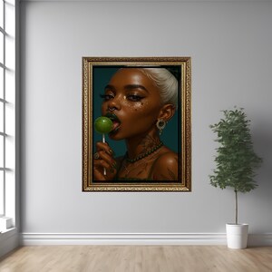 Ritratto di donna dalla pelle scura con lecca-lecca verde, arte digitale, stampa moderna da parete, poster estetico di lusso, moda, stile tatuaggio