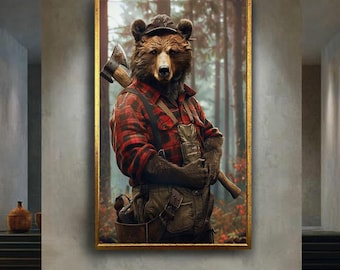 Lumberjack Bear Canvas Wall Art – Funny Rustic Animal Portrait in Plaid Shirt – Woodland Forest Animal Print for Cabin or Lodge Decor