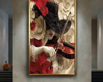 Elegant Woman with Violin Wall Art Red Roses Canvas Print Romantic Classical Music Poster for Luxury or Artistic Home Decor Gift