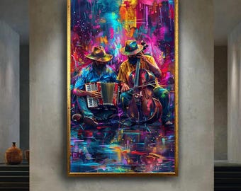 Colorful Musician Canvas Wall Art – Abstract Accordion and Cello Players Artwork for Music Room, Boho Style or Artistic Home Decor