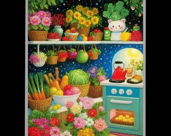 Whimsical Flower Kitchen Wall Art with Cute Cat, Colorful Vegetables and Night Sky Backdrop for Cozy Cottage or Nursery Decor